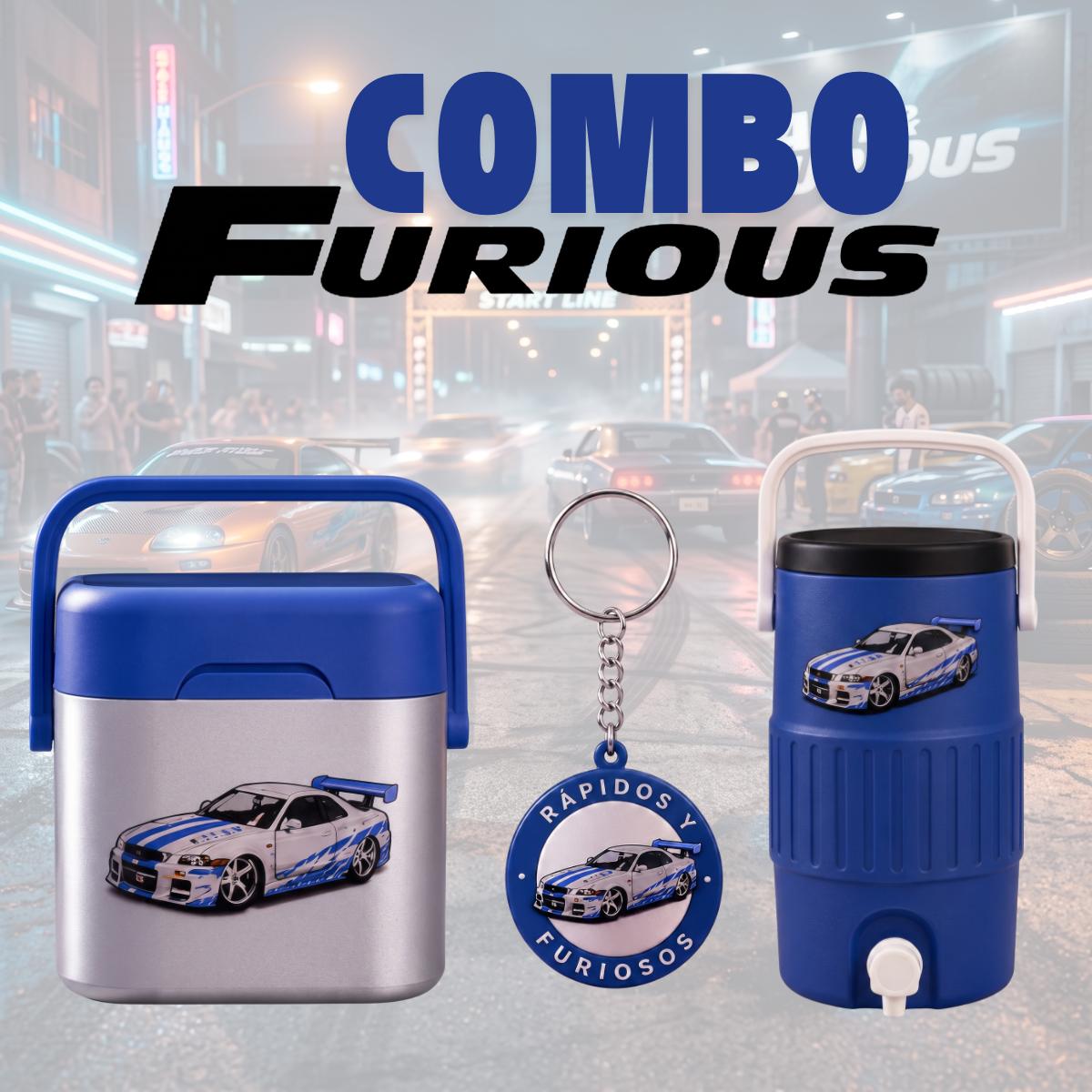 Combo Botanero Furious: Contenedor Palomitas + Portalatas Térmico Latas 355 ml + Abrelatas